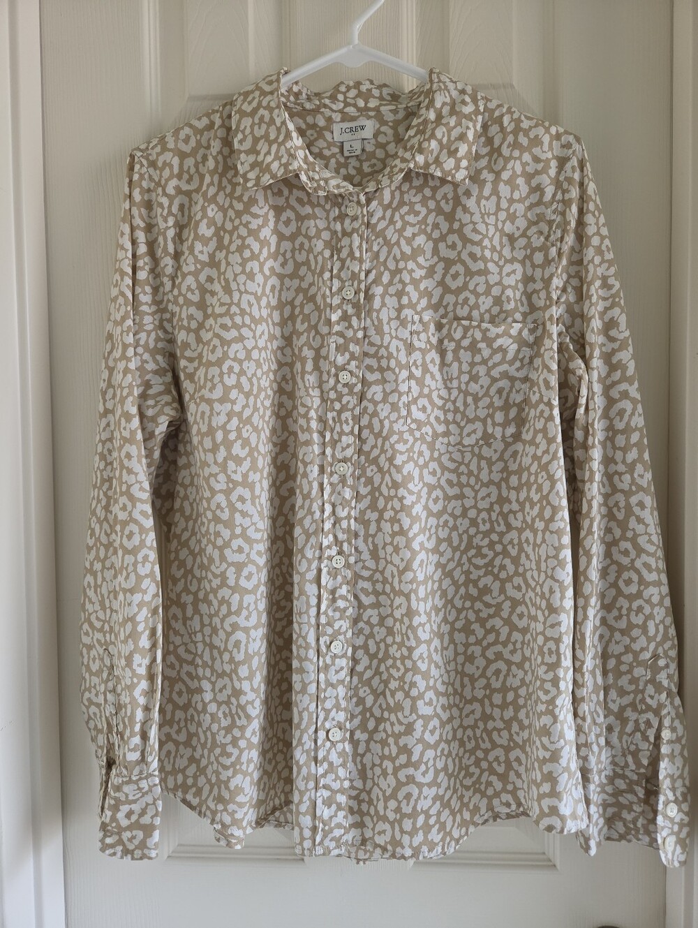 J.Crew Tan White Leopard Animal Print Button Down Shirt Women's Size L Career